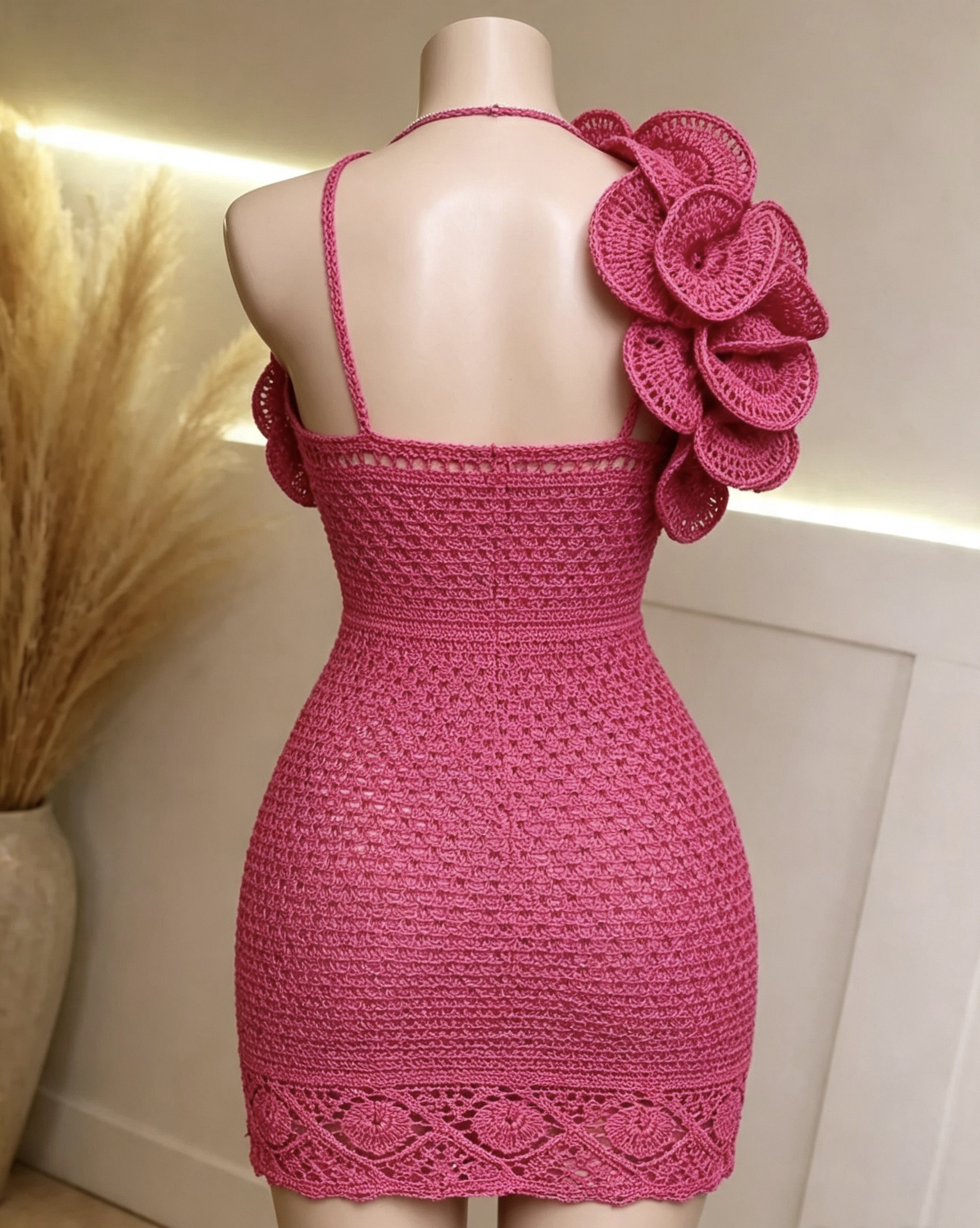 Fuchsia Pink Hand-Crocheted Mini Dress — One-Shoulder Ruffle Detail - Image 3