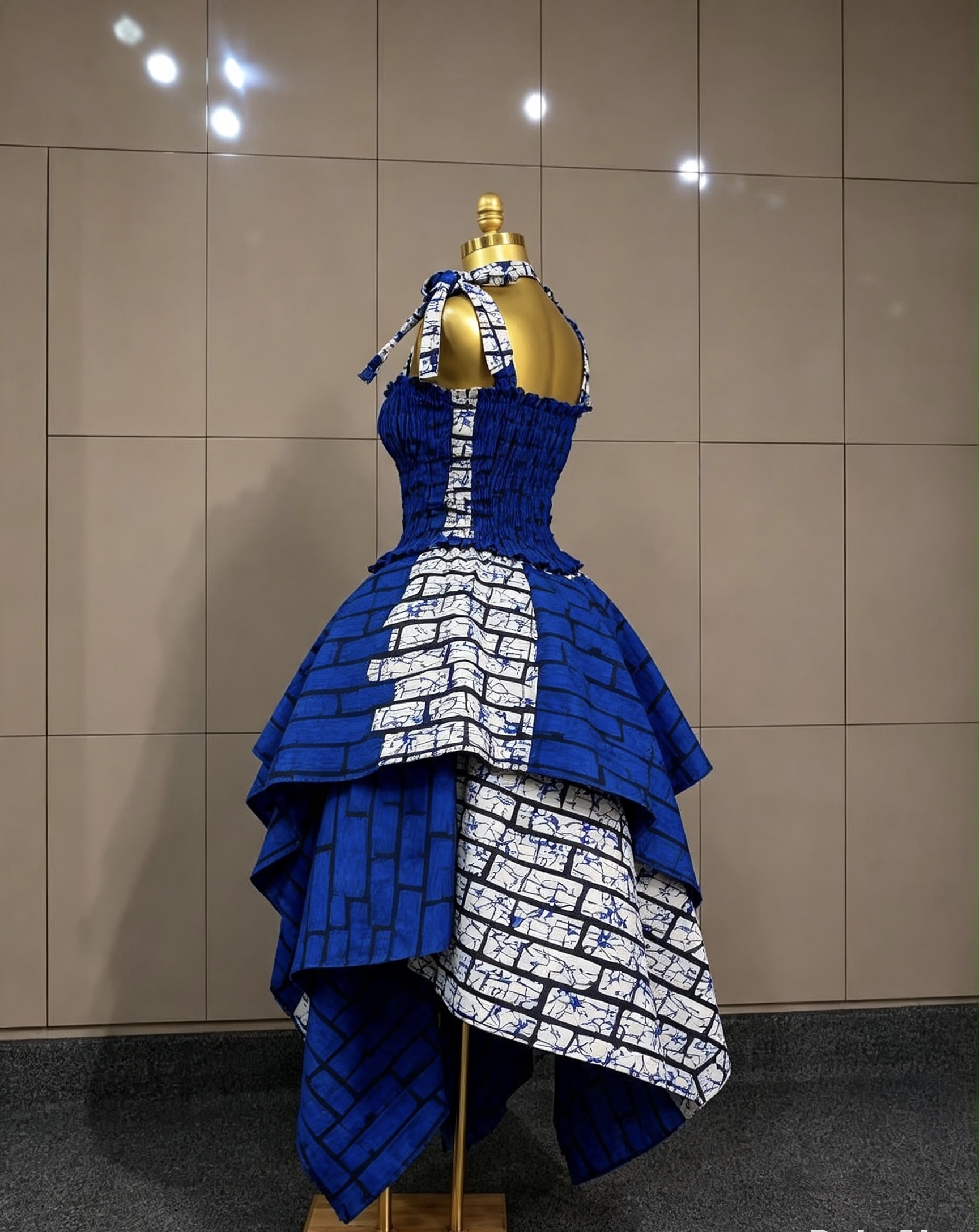 Royal Blue & White Asymmetrical High-Low Ankara Dress — Smocked Bodice with Tie Straps - Image 2