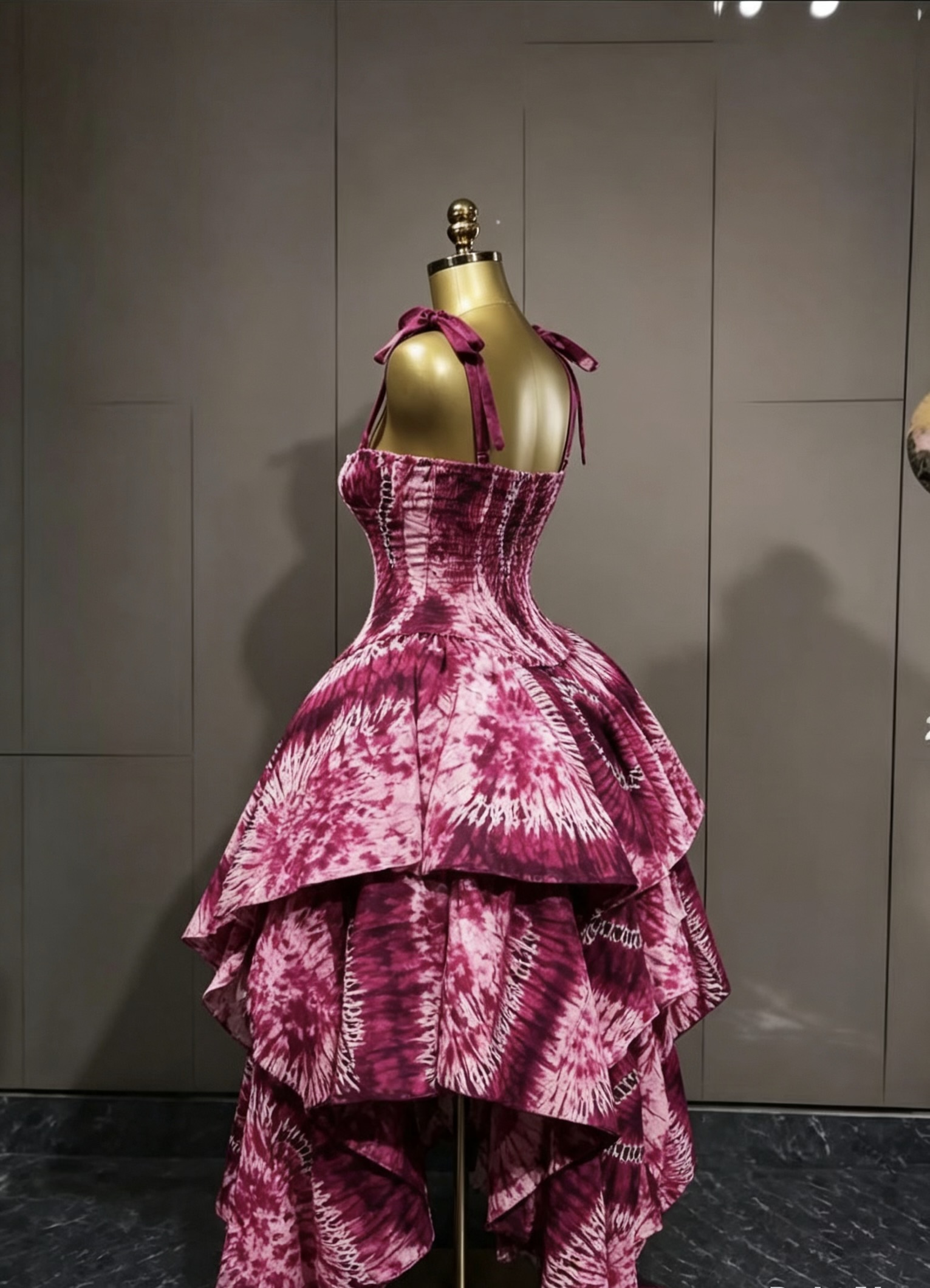 Magenta & Pink Adire Tie-Dye Layered Gown — Corset Style with Bow Straps - Image 3