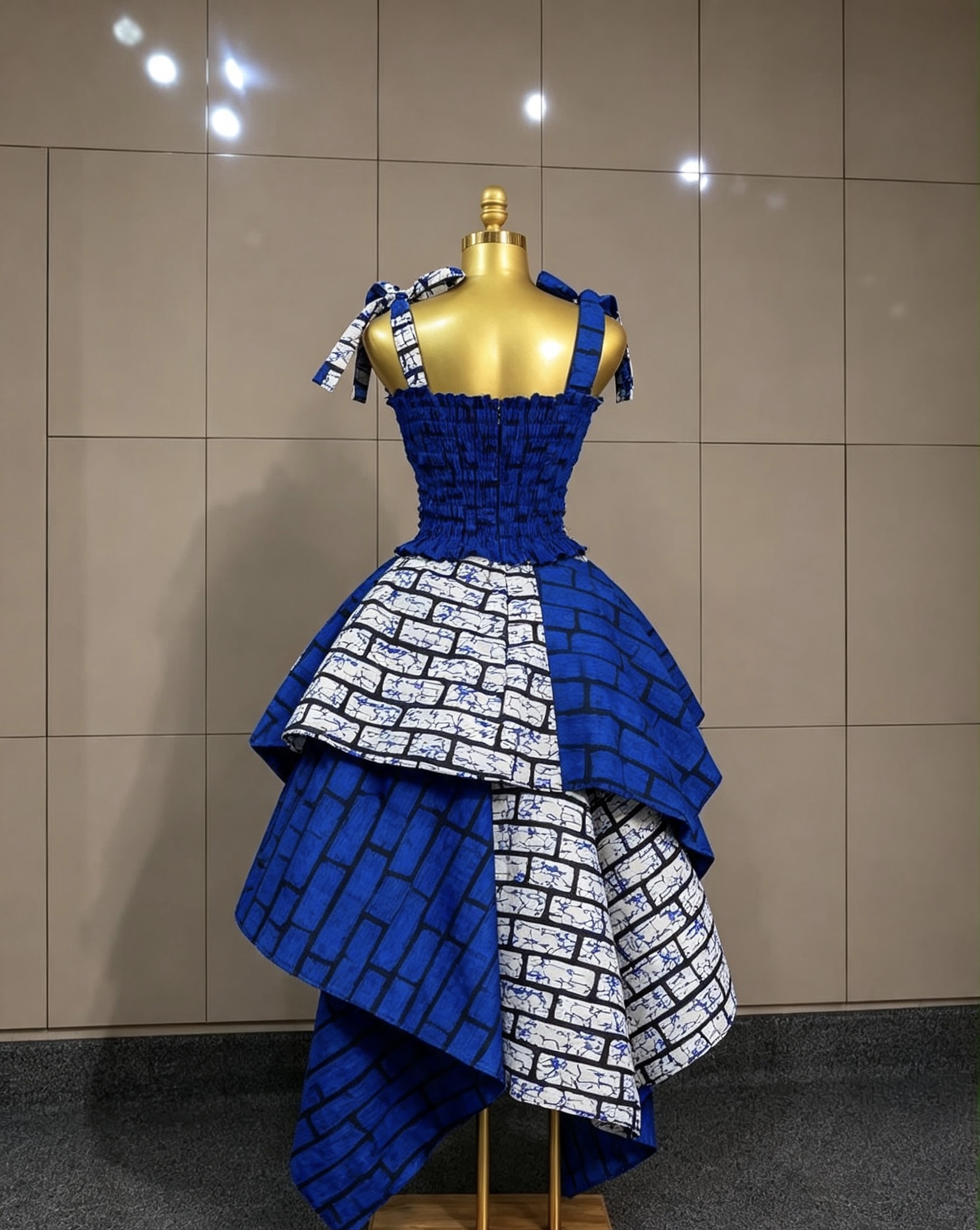 Royal Blue & White Asymmetrical High-Low Ankara Dress — Smocked Bodice with Tie Straps - Image 3