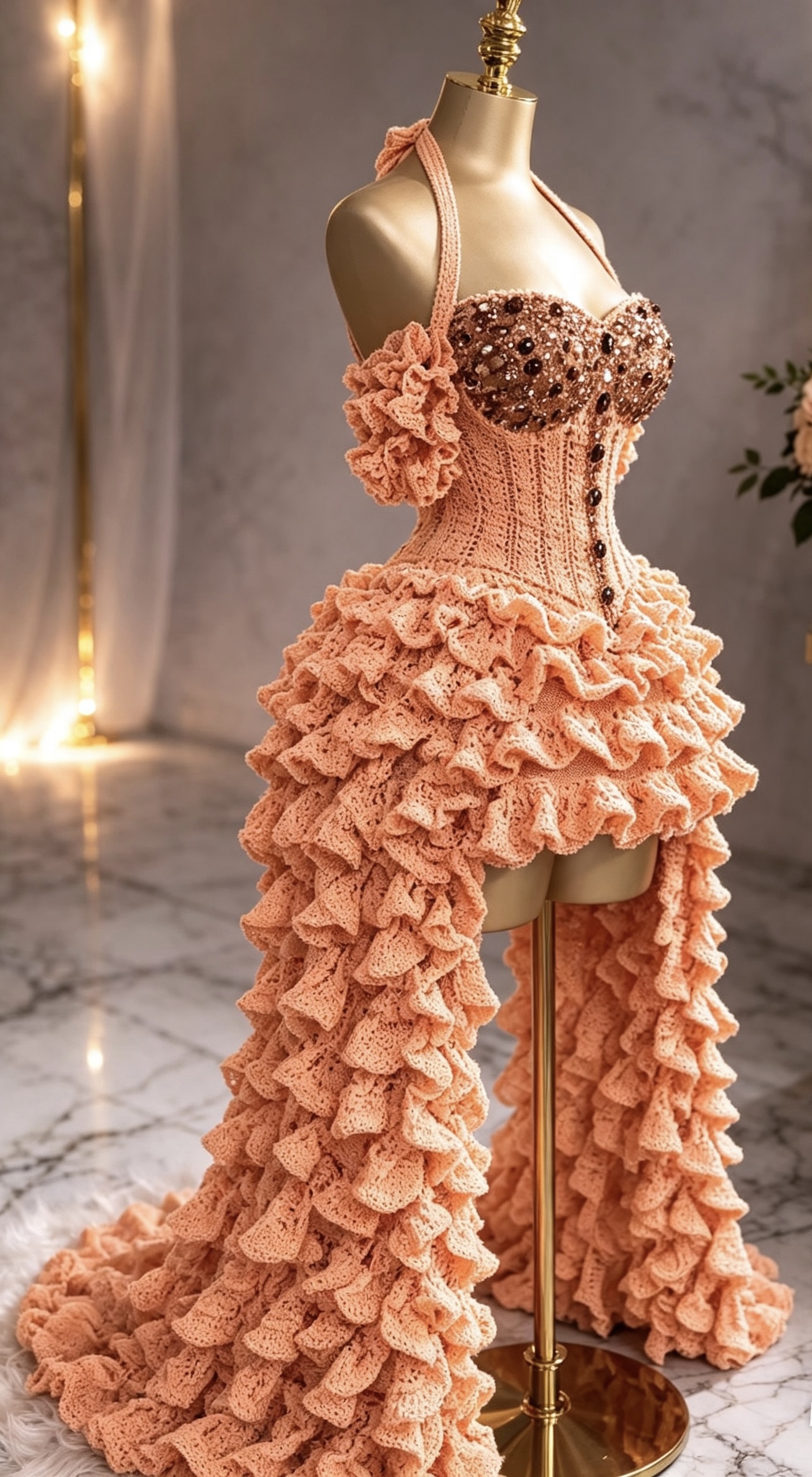 Peach Blush Crochet Corset Gown — Crystal Embellished Bust & Ruffled High-Low Train - Image 4