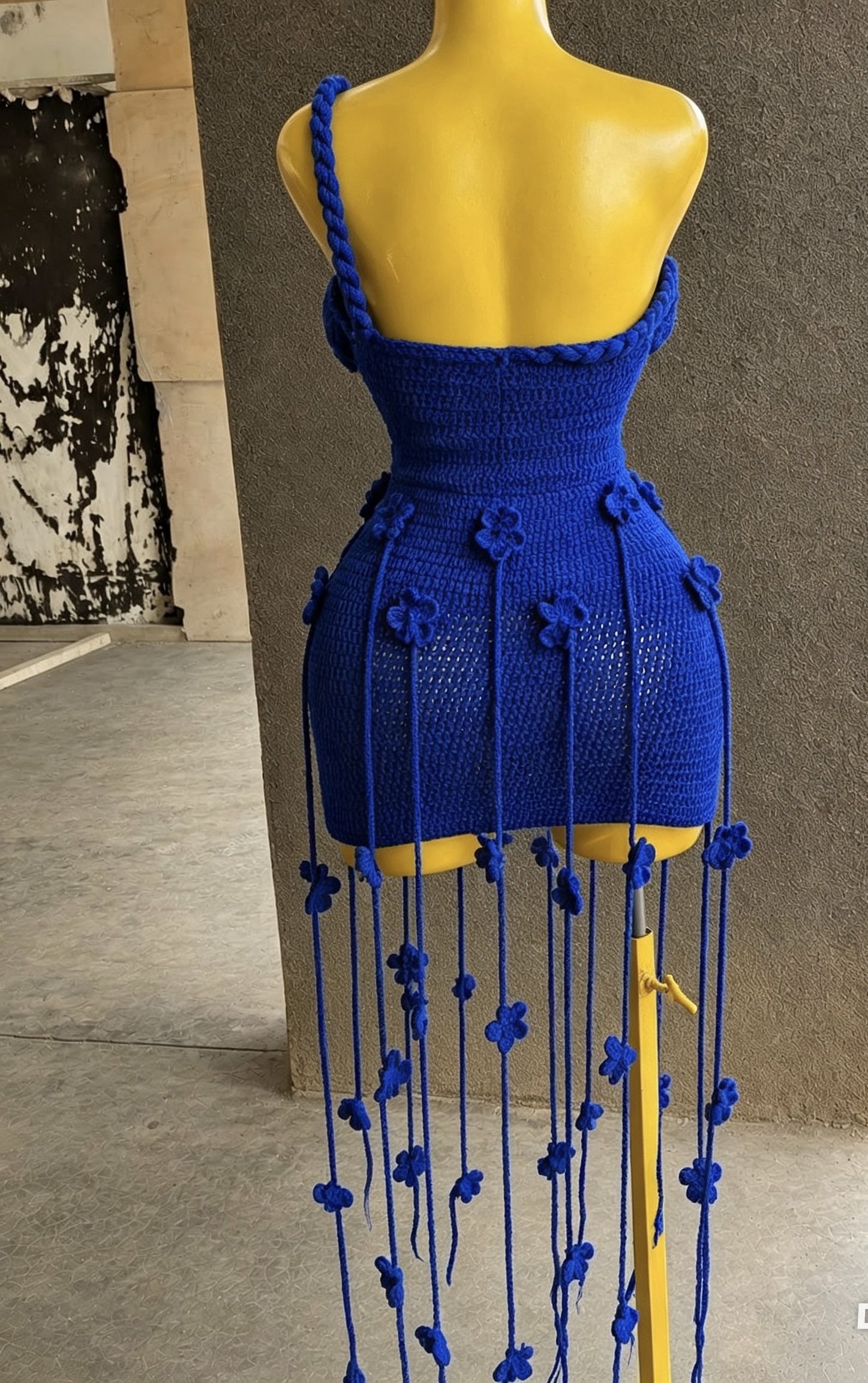 Royal Blue Hand-Crocheted Fringe Mini Dress — 3D Floral Detail & Braided Straps - Image 2