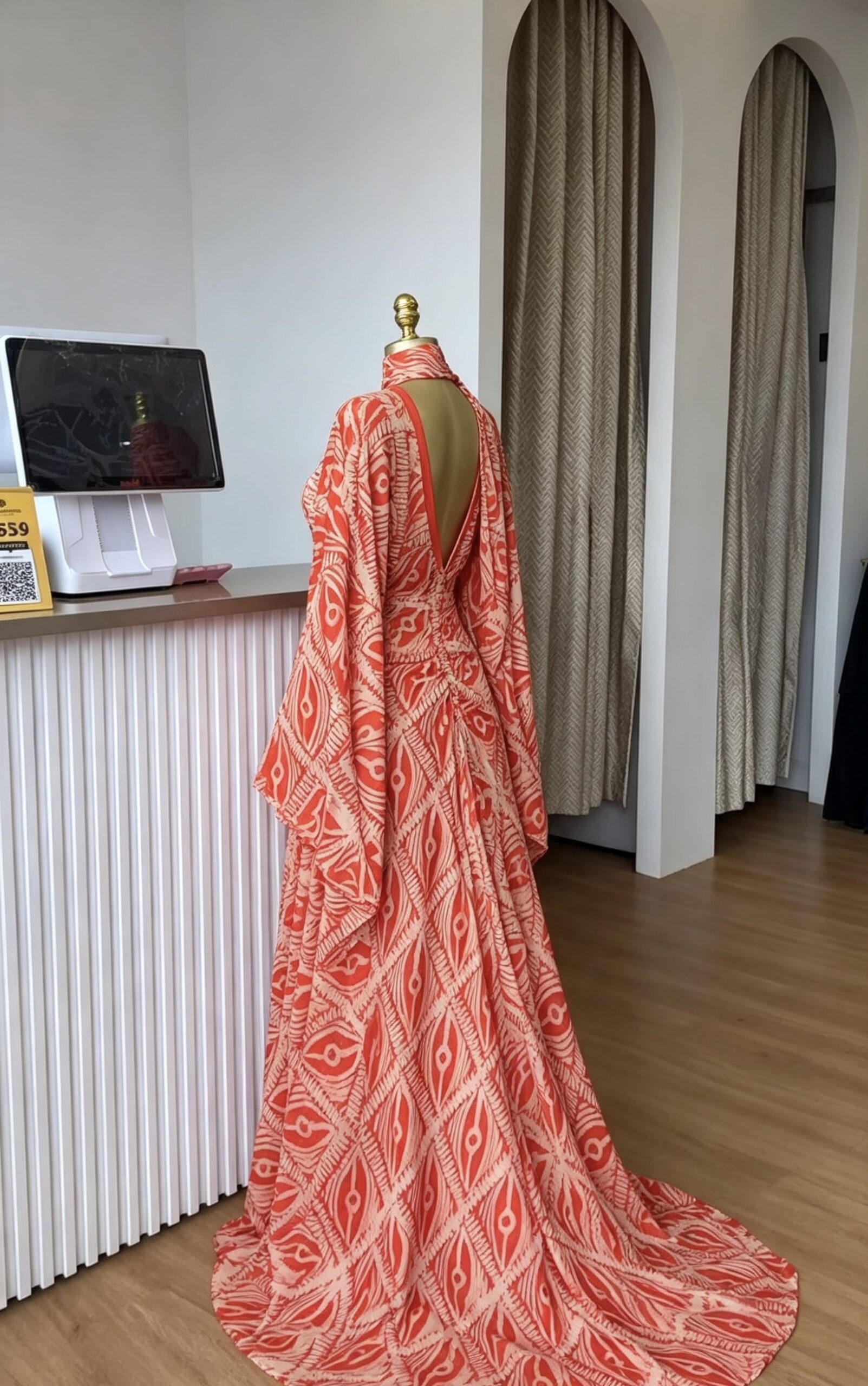 Orange & Ivory African Pattern Cape Gown — Open Back Maxi Dress - Image 2