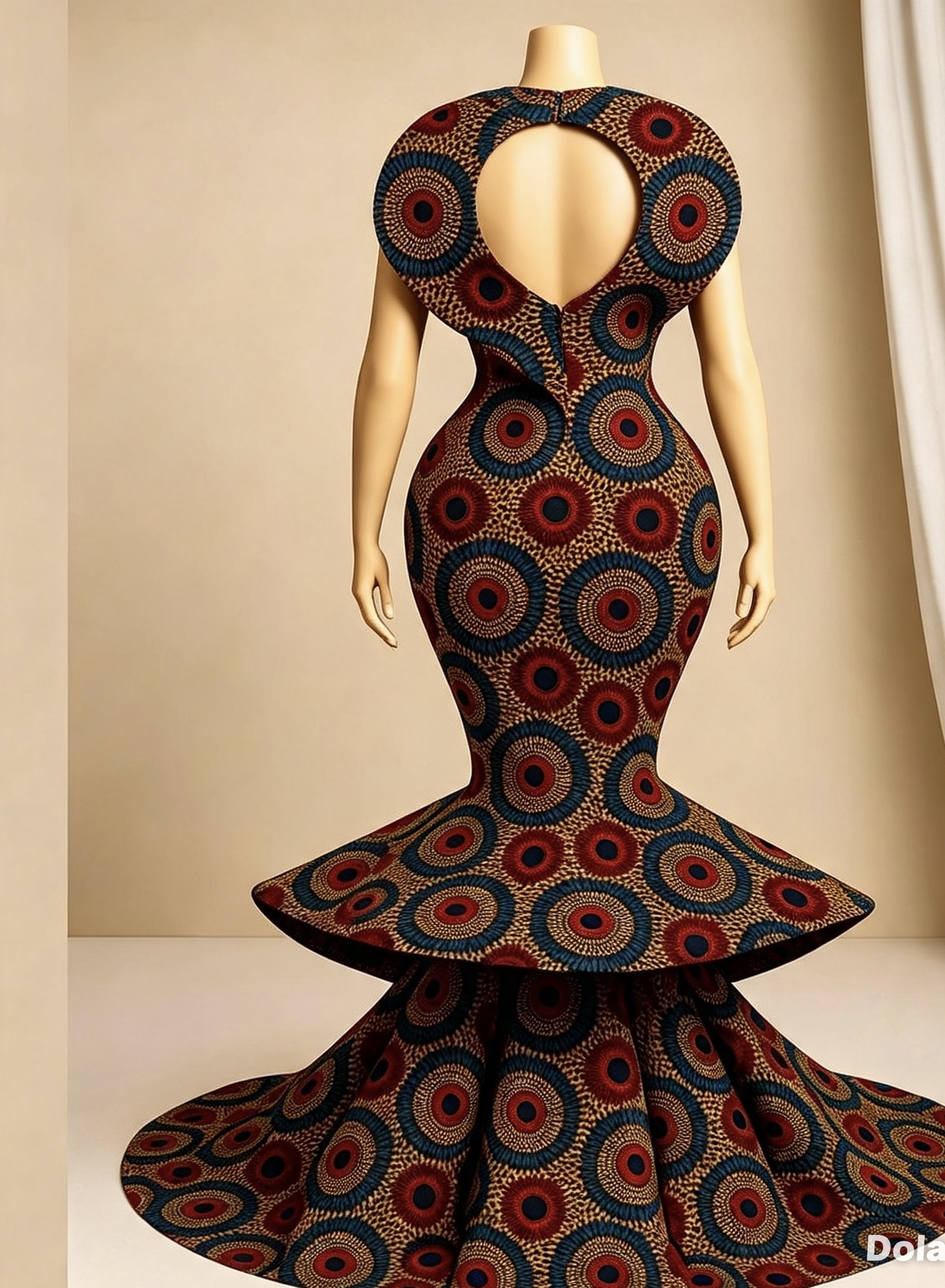 Ankara Peacock Print Mermaid Gown — Bold Keyhole Neck & Dramatic Tiered Train - Image 4