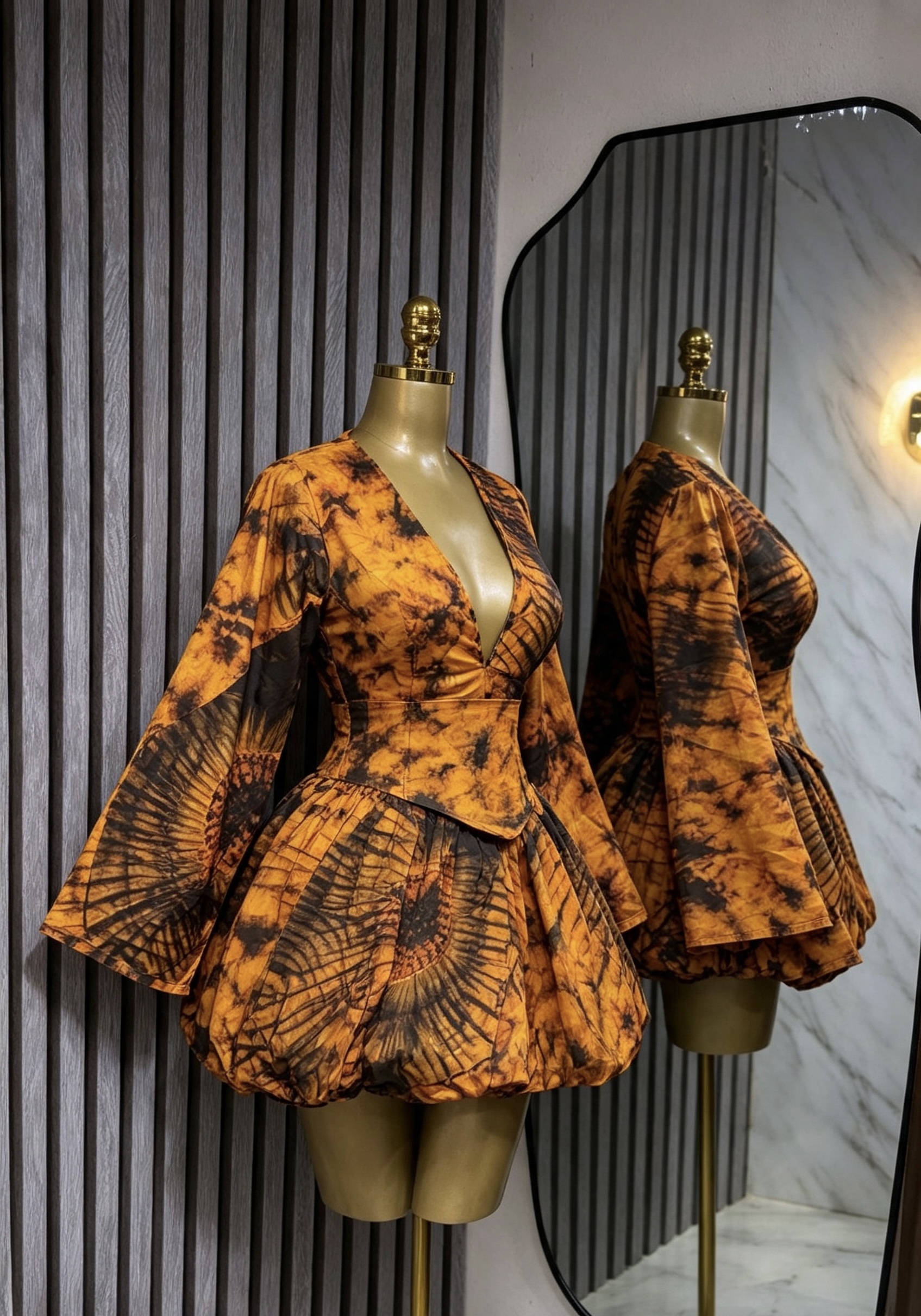 Adire Tie-Dye Statement Mini Dress — Amber Gold & Black - Image 3