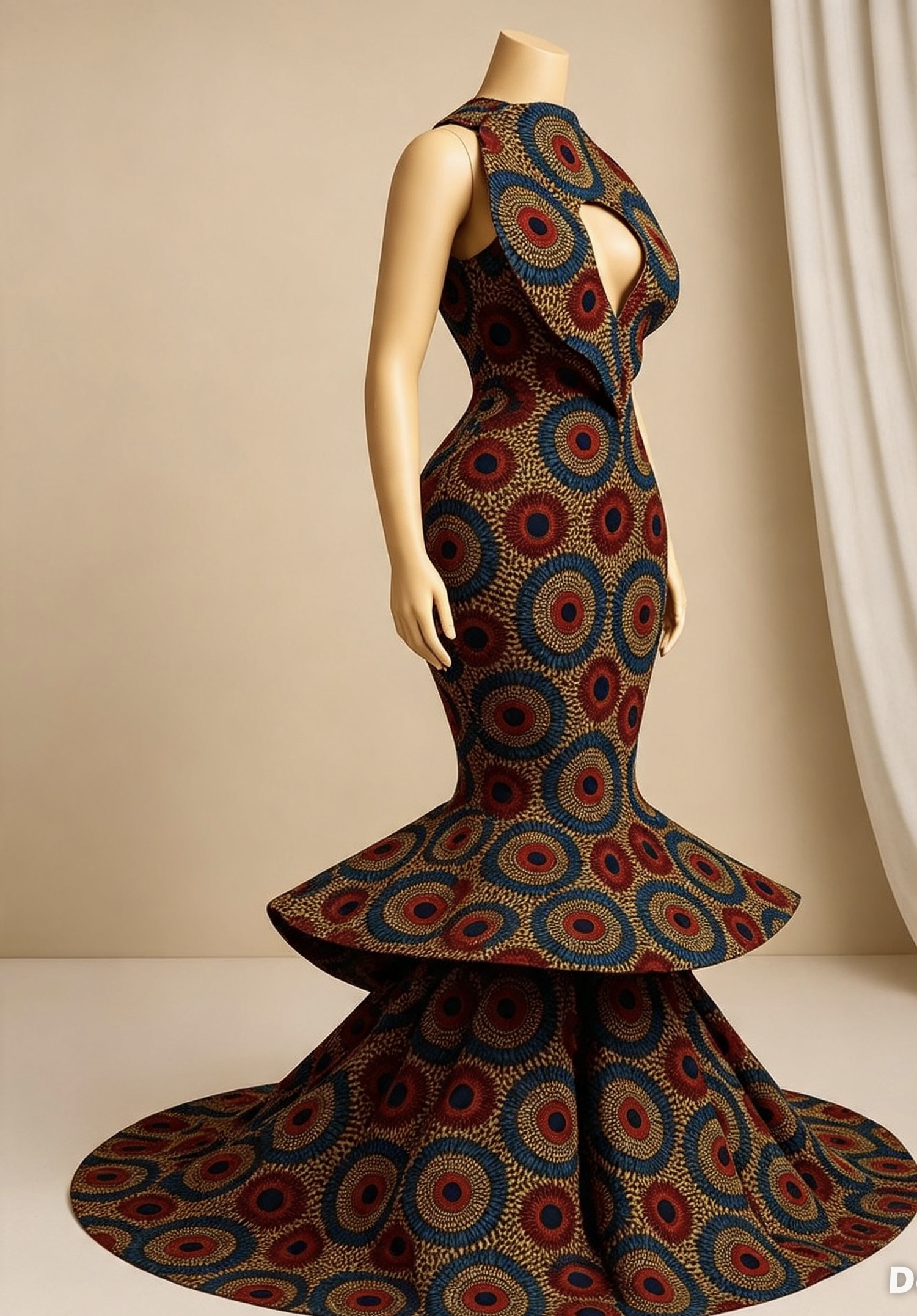 Ankara Peacock Print Mermaid Gown — Bold Keyhole Neck & Dramatic Tiered Train - Image 3