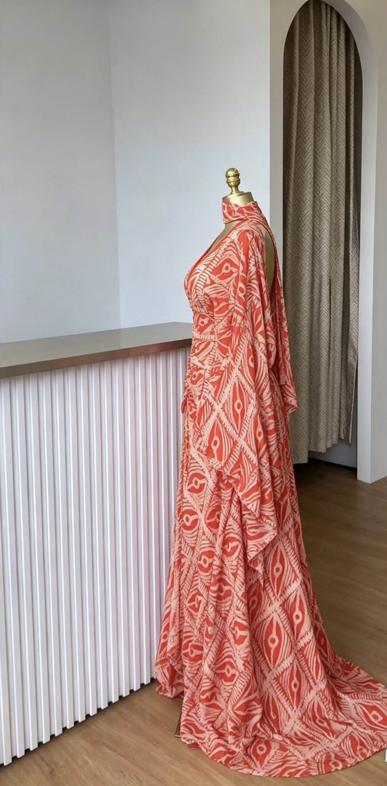 Orange & Ivory African Pattern Cape Gown — Open Back Maxi Dress - Image 3