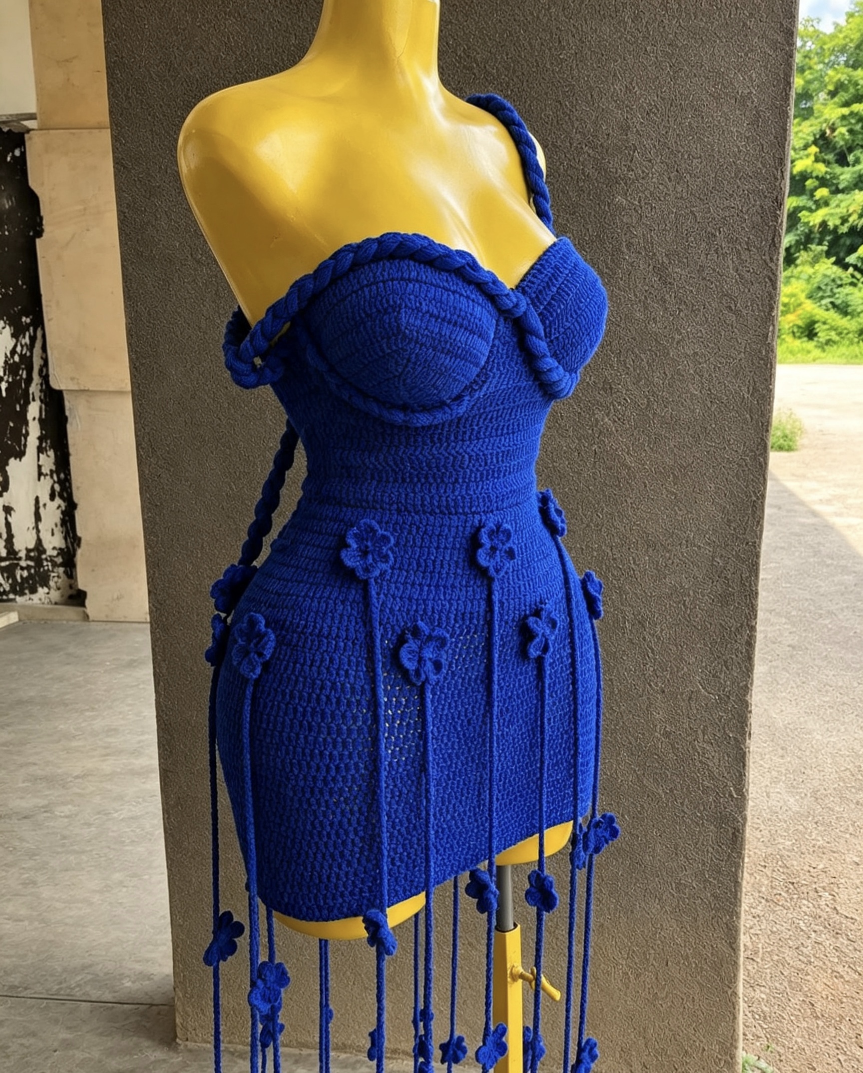Royal Blue Hand-Crocheted Fringe Mini Dress — 3D Floral Detail & Braided Straps - Image 3