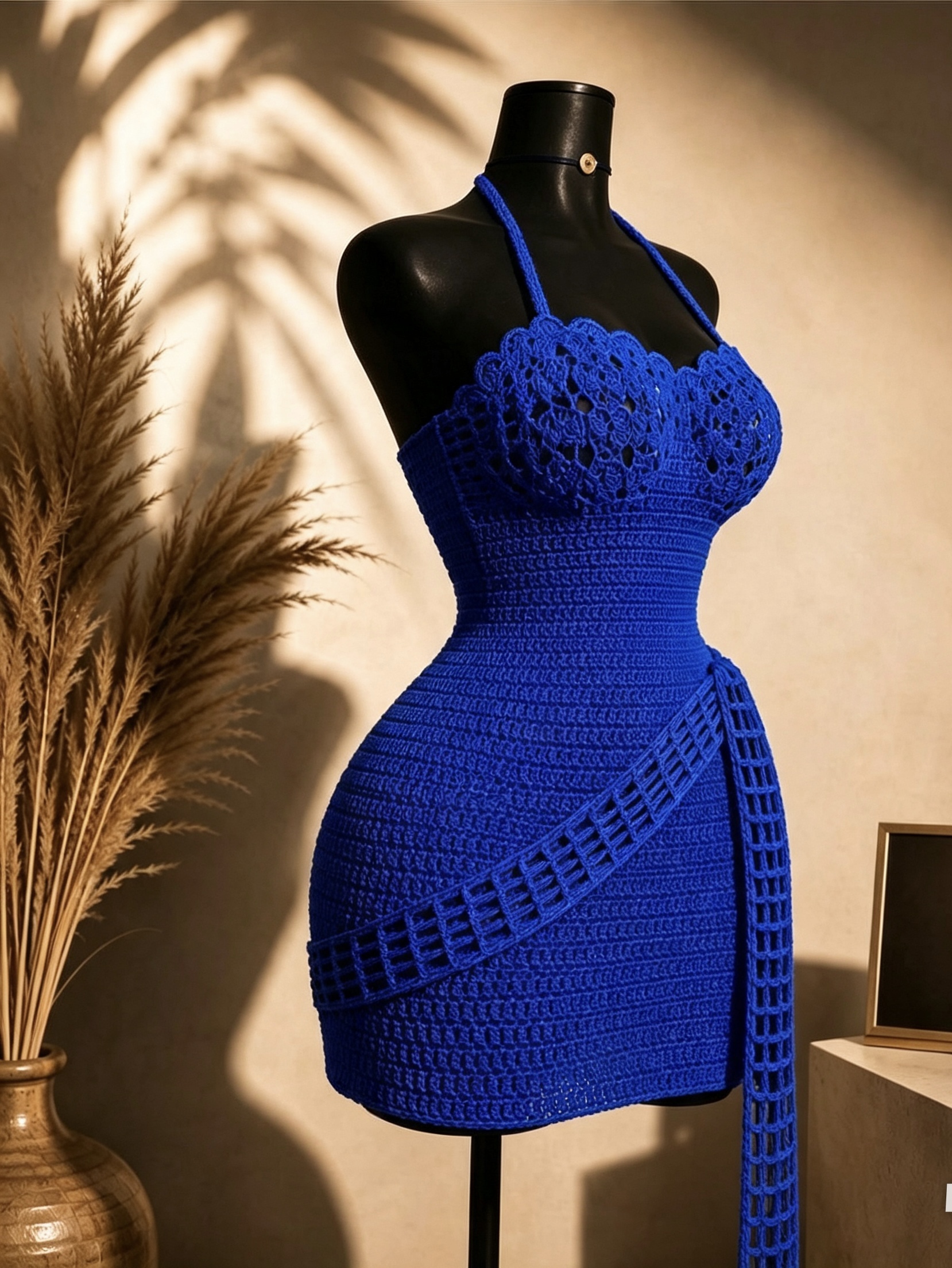 Royal Blue Hand-Crocheted Halter Mini Dress — Robe AKWA with Wrap Sash - Image 3