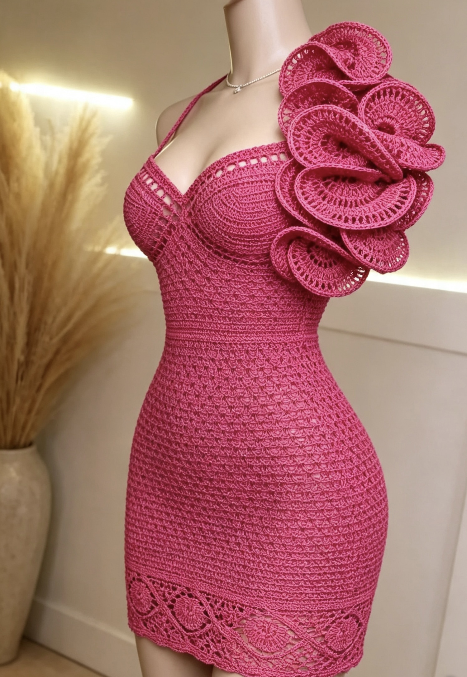 Fuchsia Pink Hand-Crocheted Mini Dress — One-Shoulder Ruffle Detail - Image 2
