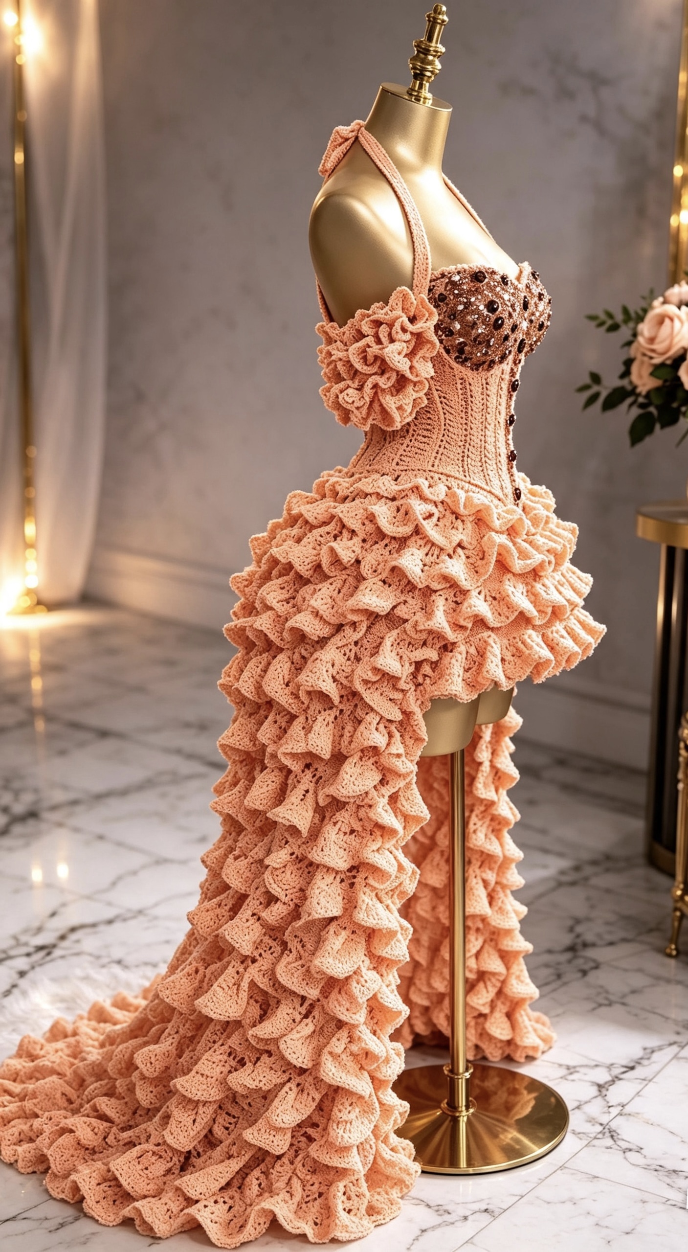 Peach Blush Crochet Corset Gown — Crystal Embellished Bust & Ruffled High-Low Train - Image 2