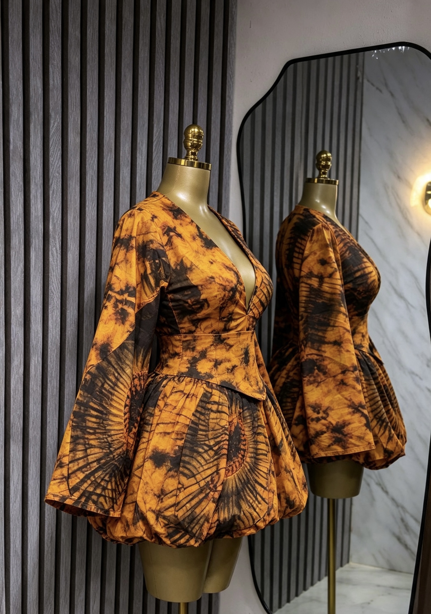 Adire Tie-Dye Statement Mini Dress — Amber Gold & Black - Image 2