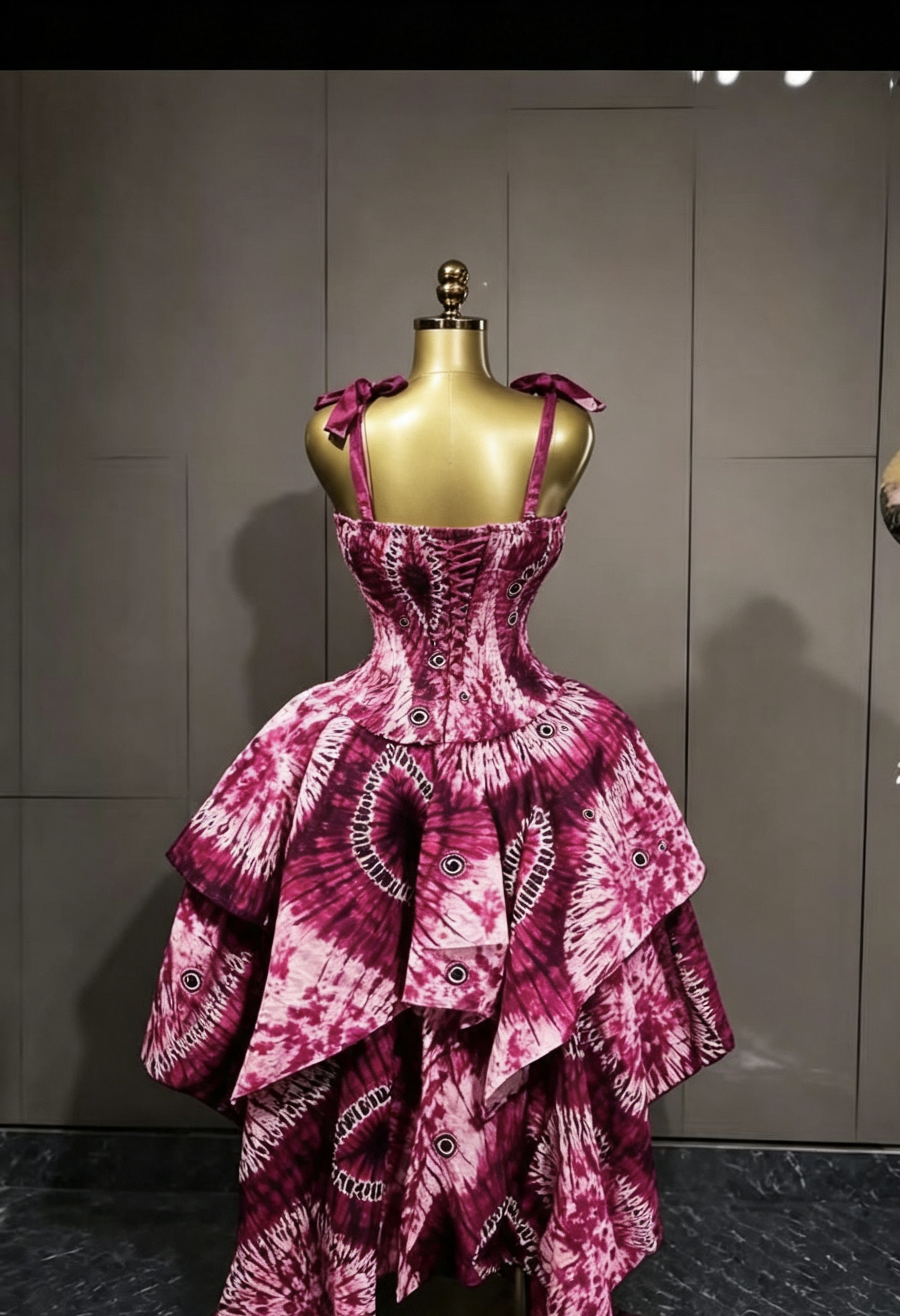 Magenta & Pink Adire Tie-Dye Layered Gown — Corset Style with Bow Straps - Image 2