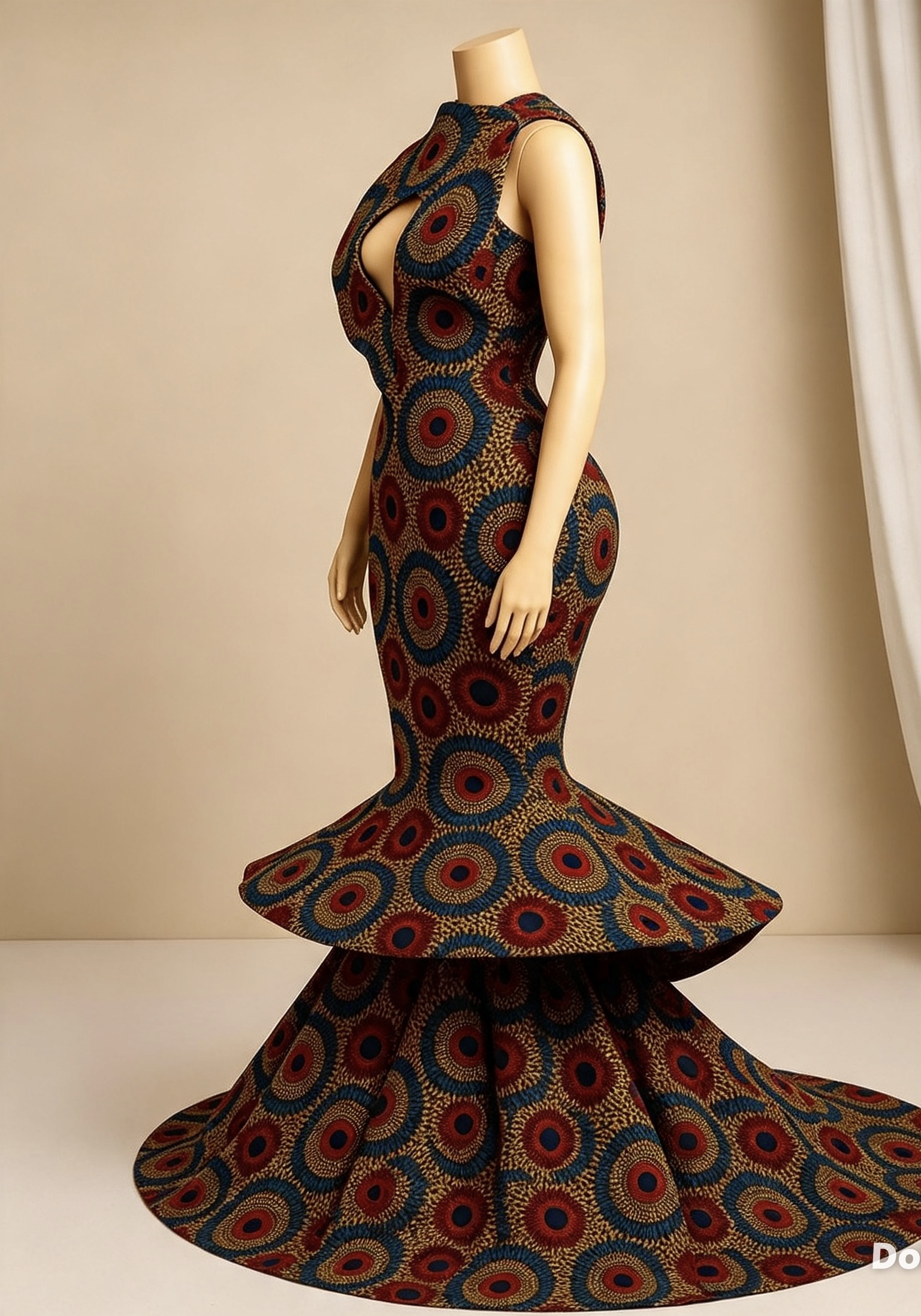 Ankara Peacock Print Mermaid Gown — Bold Keyhole Neck & Dramatic Tiered Train - Image 2