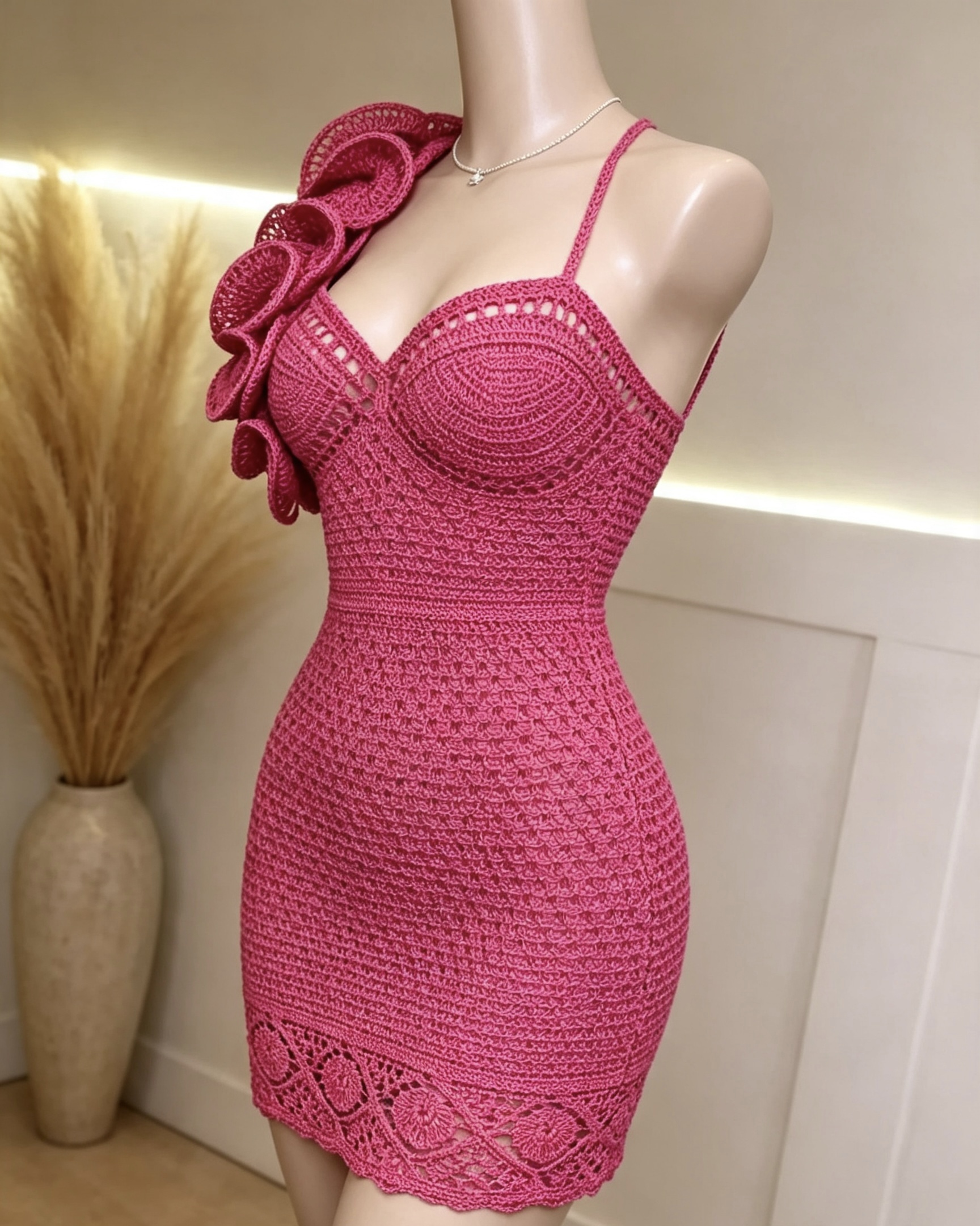 Fuchsia Pink Hand-Crocheted Mini Dress — One-Shoulder Ruffle Detail - Image 4