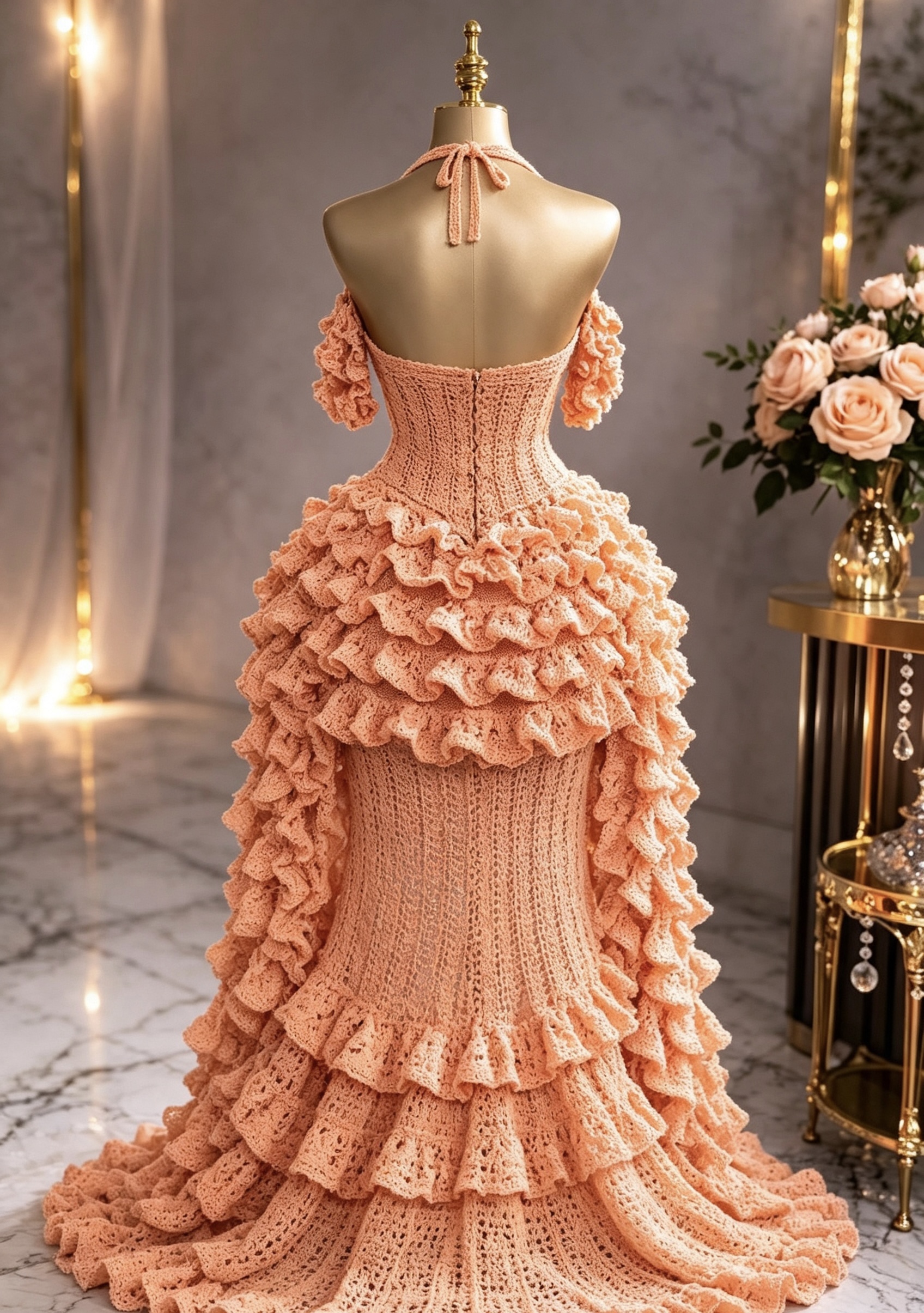 Peach Blush Crochet Corset Gown — Crystal Embellished Bust & Ruffled High-Low Train - Image 3