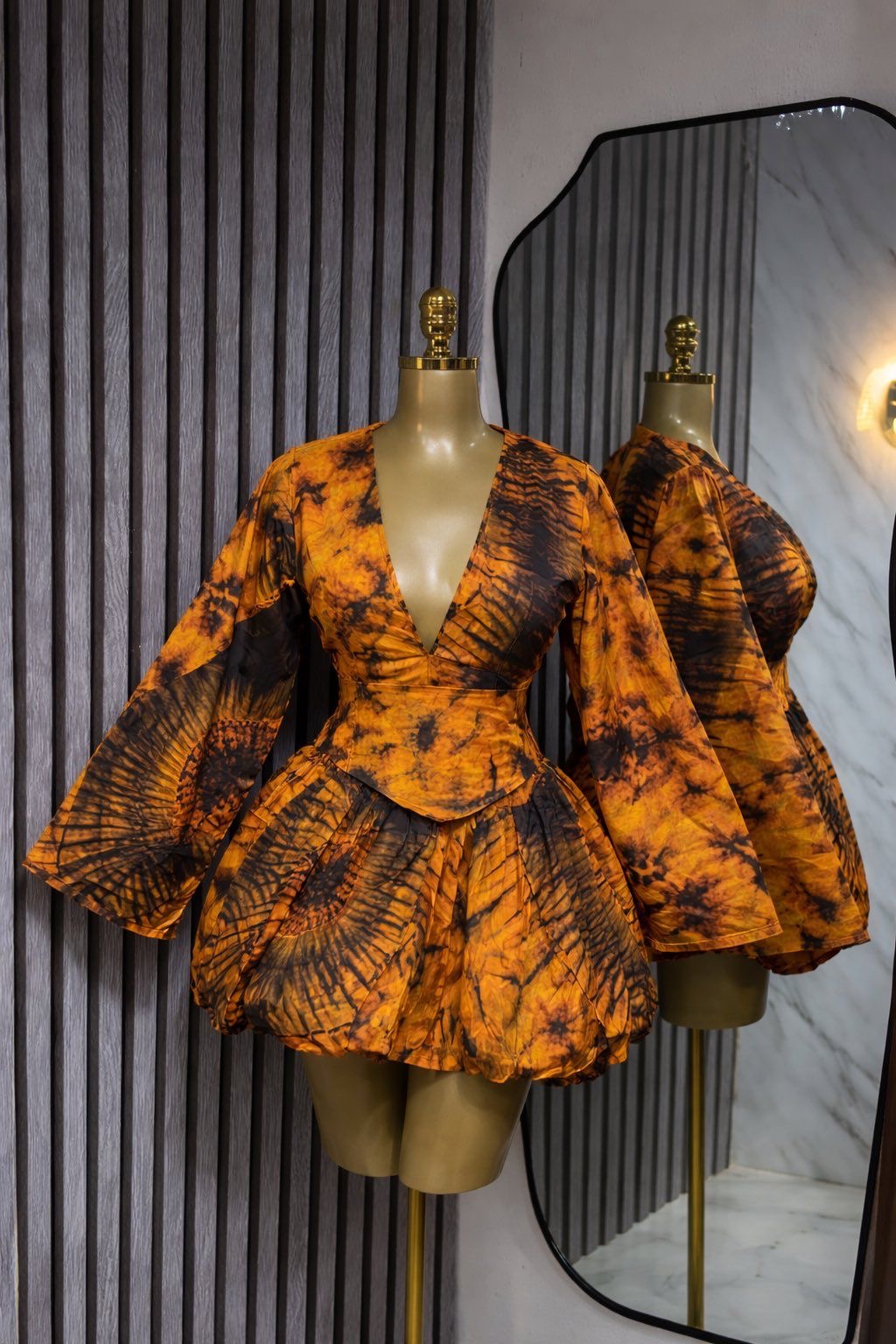 Adire Tie-Dye Statement Mini Dress — Amber Gold & Black