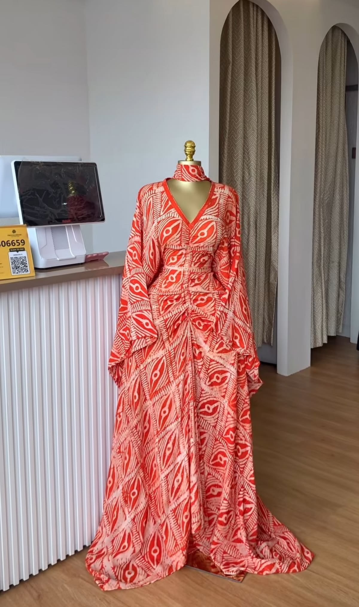 Orange & Ivory African Pattern Cape Gown — Open Back Maxi Dress