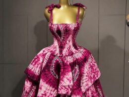 Magenta & Pink Adire Tie-Dye Layered Gown — Corset Style with Bow Straps