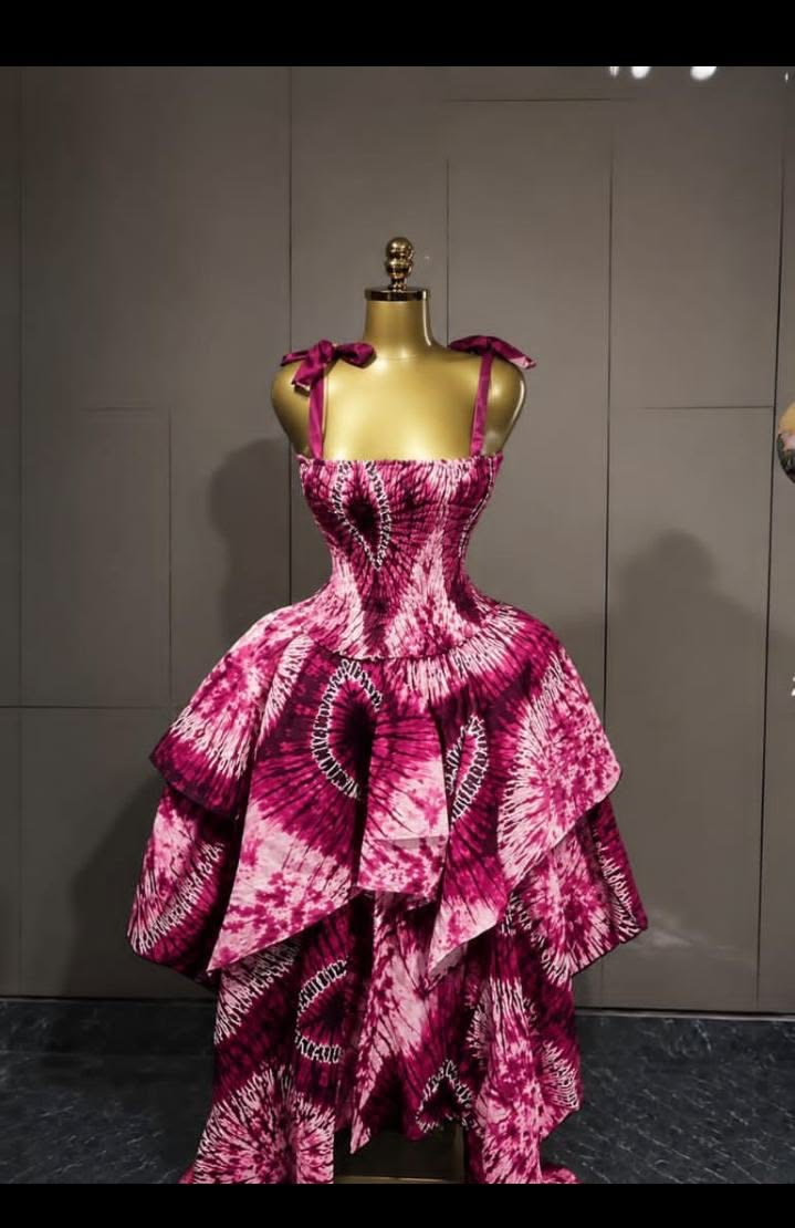 Magenta & Pink Adire Tie-Dye Layered Gown — Corset Style with Bow Straps
