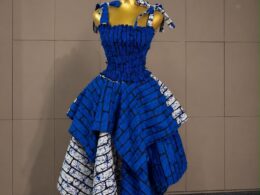 Royal Blue & White Asymmetrical High-Low Ankara Dress — Smocked Bodice with Tie Straps