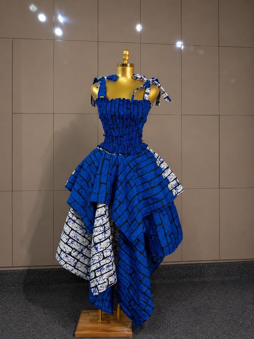 Royal Blue & White Asymmetrical High-Low Ankara Dress — Smocked Bodice with Tie Straps