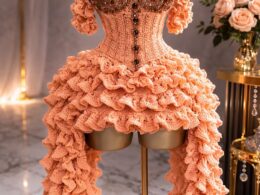 Peach Blush Crochet Corset Gown — Crystal Embellished Bust & Ruffled High-Low Train