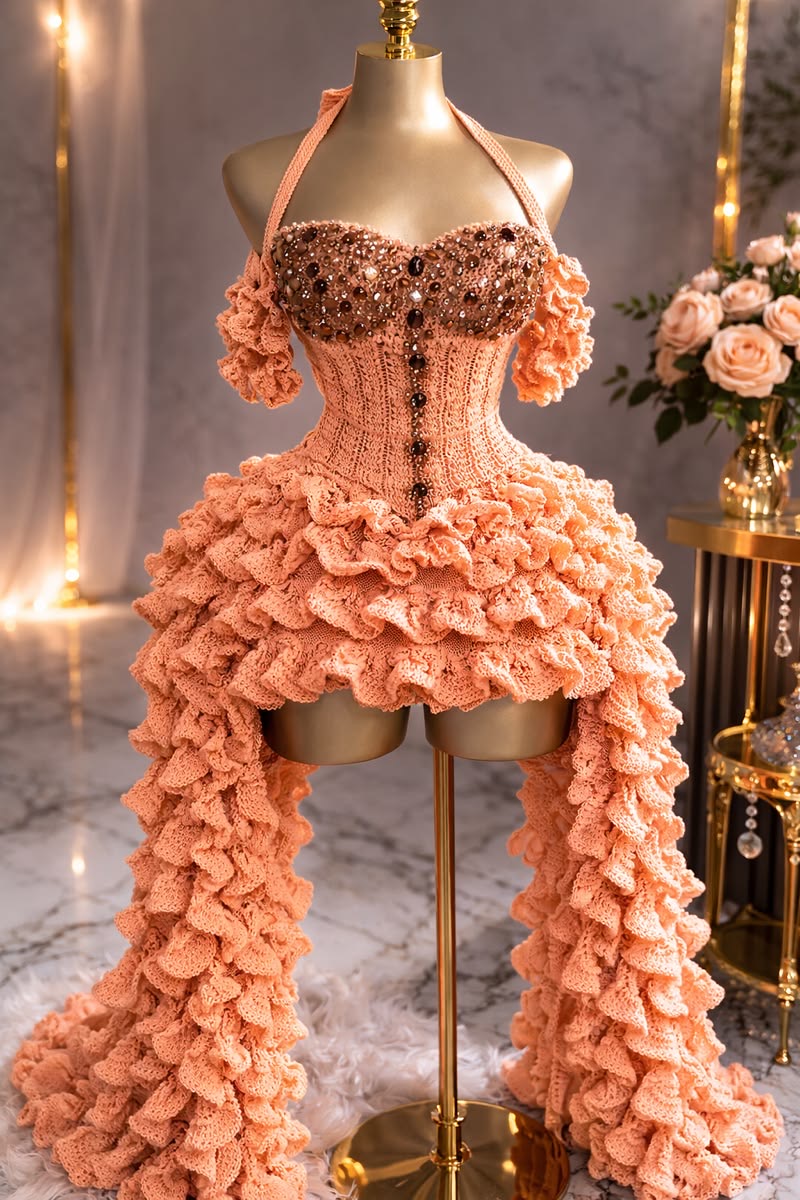 Peach Blush Crochet Corset Gown — Crystal Embellished Bust & Ruffled High-Low Train