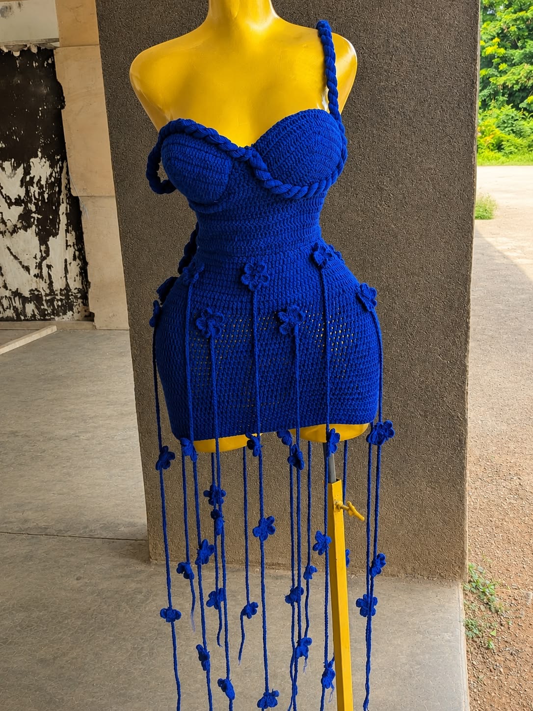 Royal Blue Hand-Crocheted Fringe Mini Dress — 3D Floral Detail & Braided Straps