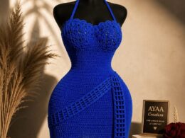 Royal Blue Hand-Crocheted Halter Mini Dress — Robe AKWA with Wrap Sash