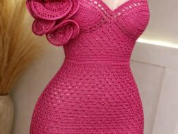 Fuchsia Pink Hand-Crocheted Mini Dress — One-Shoulder Ruffle Detail