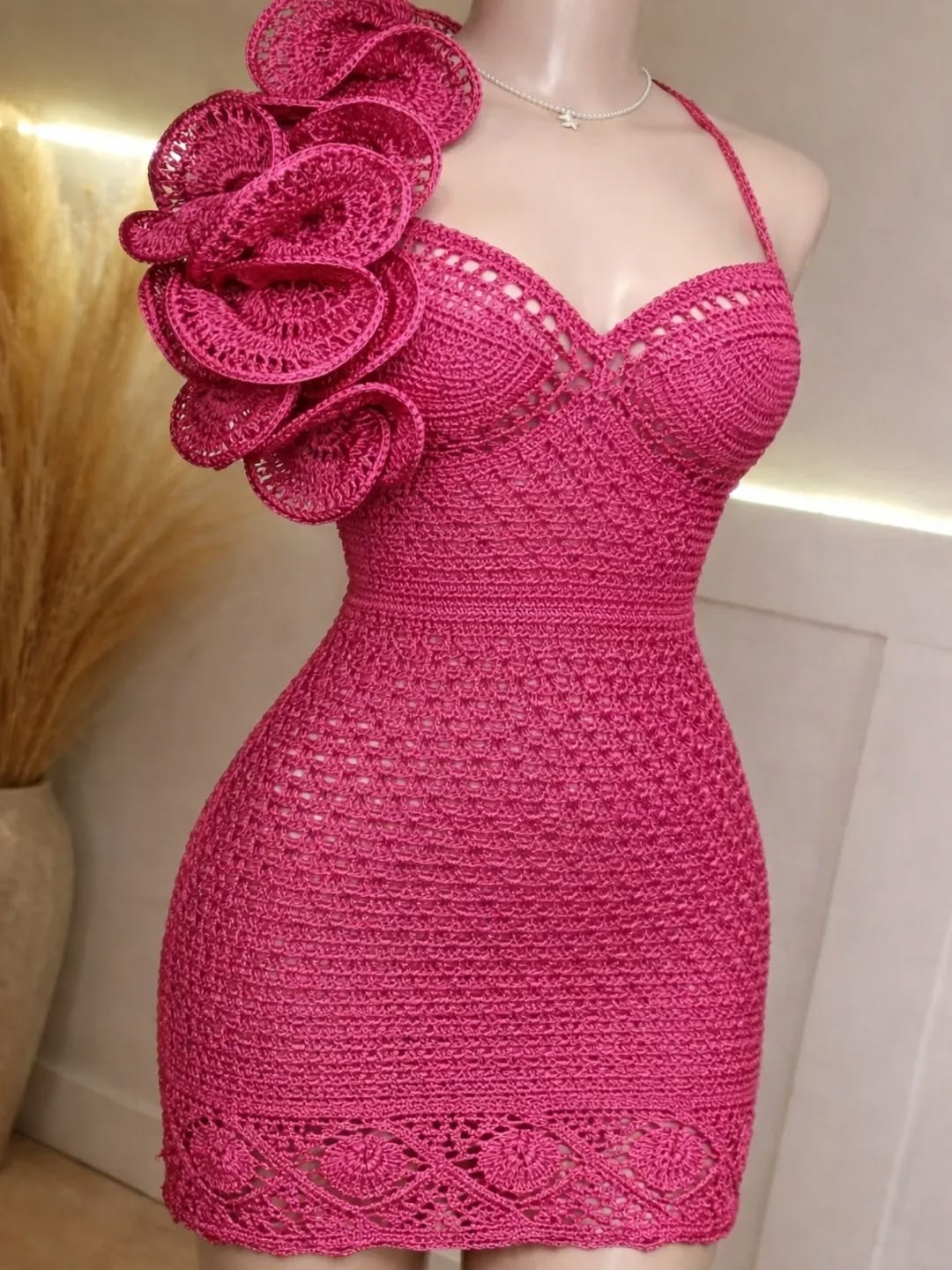 Fuchsia Pink Hand-Crocheted Mini Dress — One-Shoulder Ruffle Detail