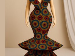 Ankara Peacock Print Mermaid Gown — Bold Keyhole Neck & Dramatic Tiered Train