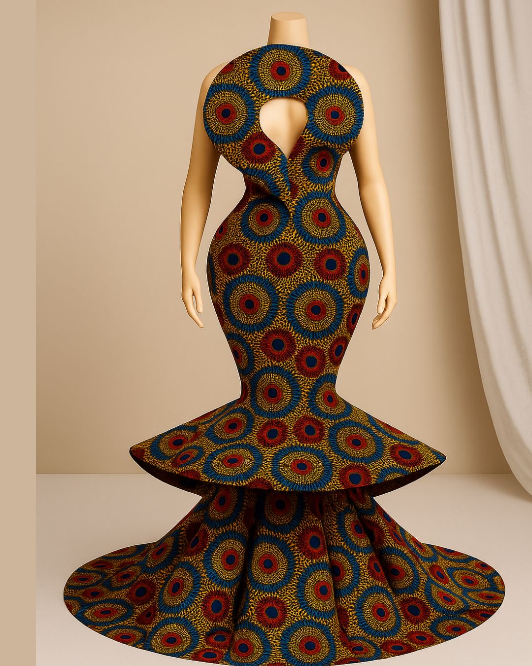 Ankara Peacock Print Mermaid Gown — Bold Keyhole Neck & Dramatic Tiered Train