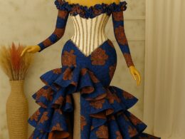 Navy & Gold Floral Ankara Gown — Corset Bodice, Off-Shoulder Ruffle & Tiered Mermaid Train