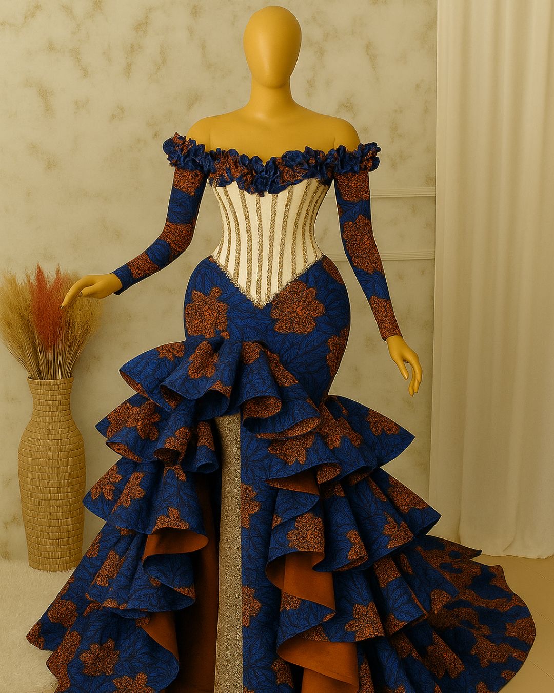 Navy & Gold Floral Ankara Gown — Corset Bodice, Off-Shoulder Ruffle & Tiered Mermaid Train