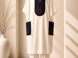 Cream & Navy Embroidered Men's Agbada Set — 3-Piece Traditional Wear with Sunburst Detailing