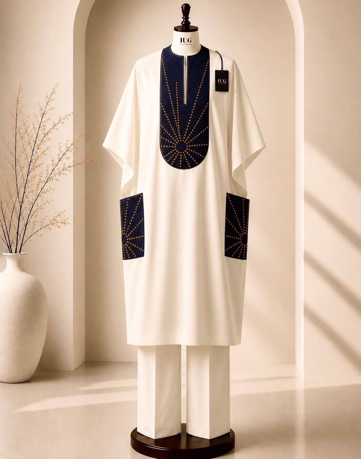 Cream & Navy Embroidered Men's Agbada Set — 3-Piece Traditional Wear with Sunburst Detailing