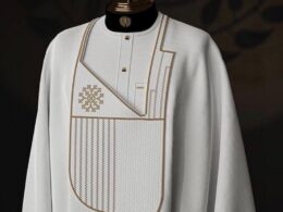 White & Gold Embroidered Men's Senator Wear — Modern Asymmetrical Design with Geometric Detailing
