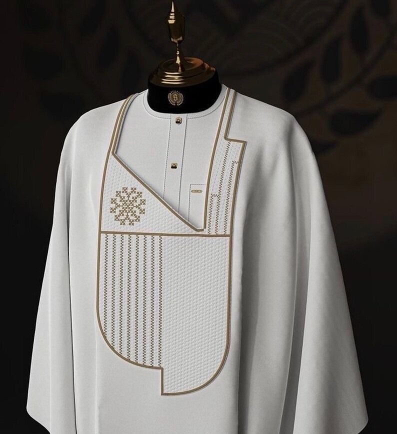 White & Gold Embroidered Men's Senator Wear — Modern Asymmetrical Design with Geometric Detailing