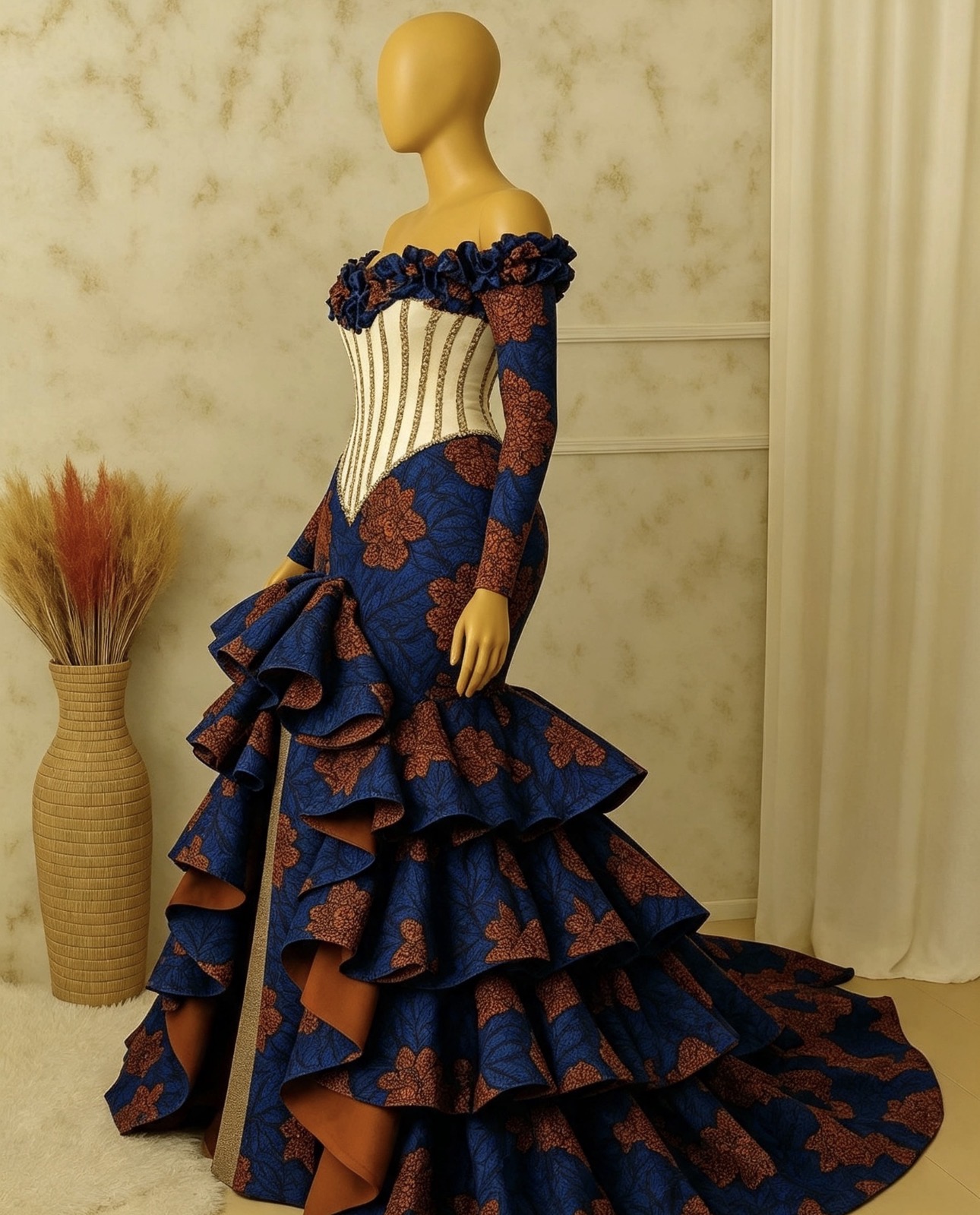 Navy & Gold Floral Ankara Gown — Corset Bodice, Off-Shoulder Ruffle & Tiered Mermaid Train - Image 4