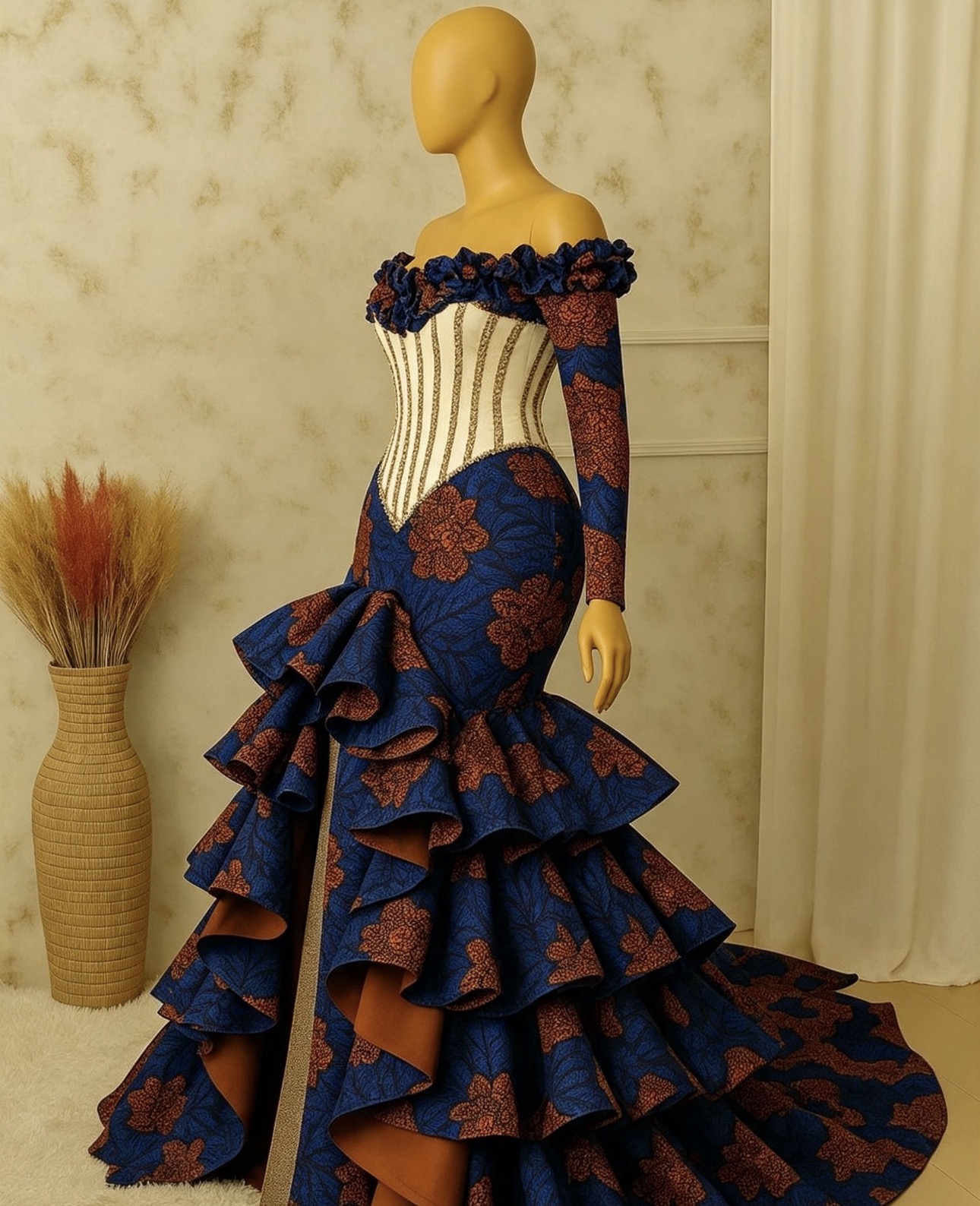 Navy & Gold Floral Ankara Gown — Corset Bodice, Off-Shoulder Ruffle & Tiered Mermaid Train - Image 3