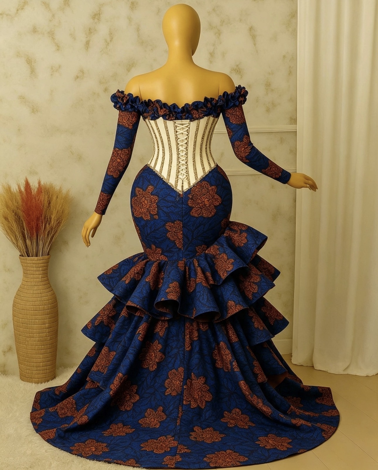 Navy & Gold Floral Ankara Gown — Corset Bodice, Off-Shoulder Ruffle & Tiered Mermaid Train - Image 2