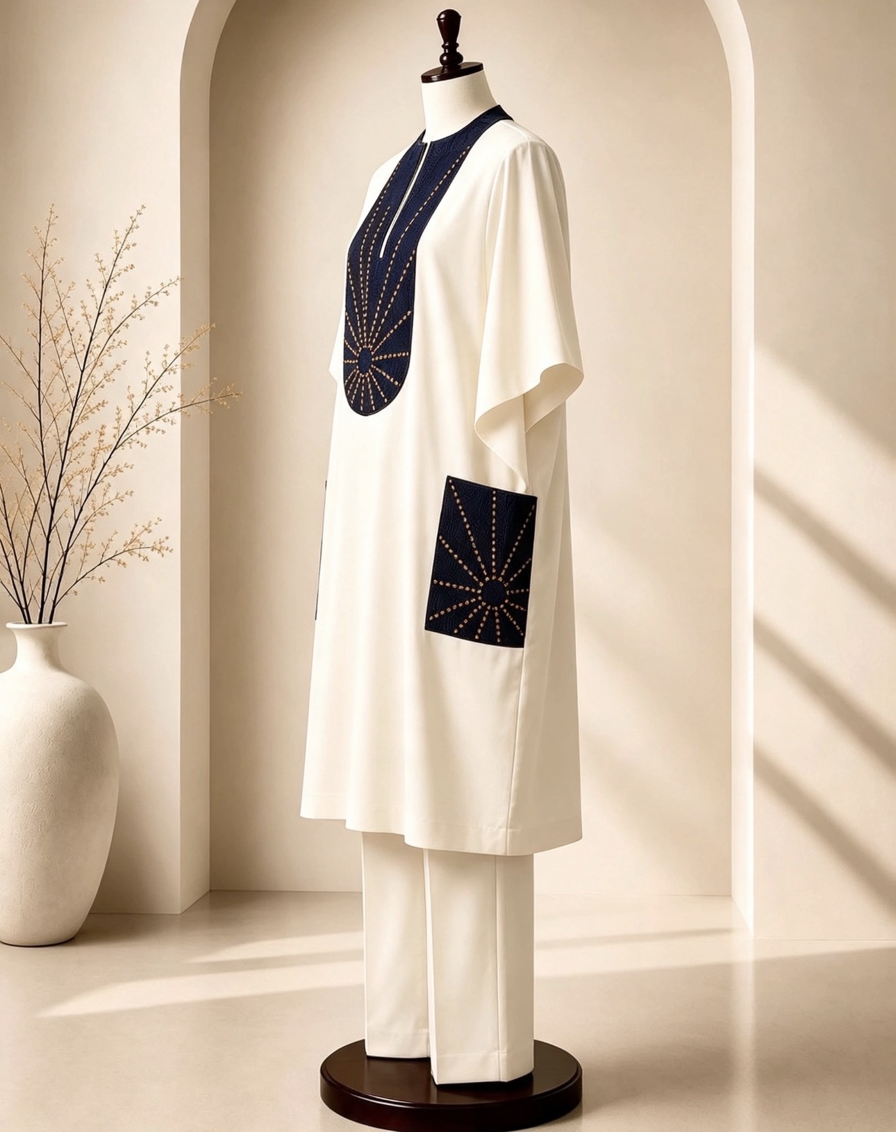 Cream & Navy Embroidered Men's Agbada Set — 3-Piece Traditional Wear with Sunburst Detailing - Image 2