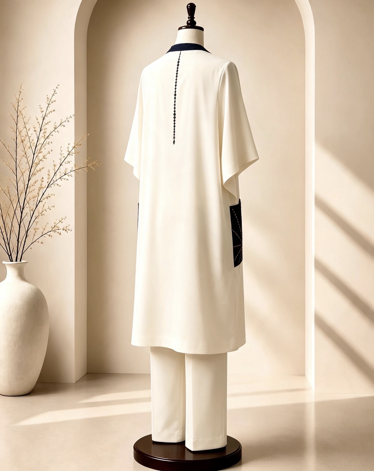 Cream & Navy Embroidered Men's Agbada Set — 3-Piece Traditional Wear with Sunburst Detailing - Image 3
