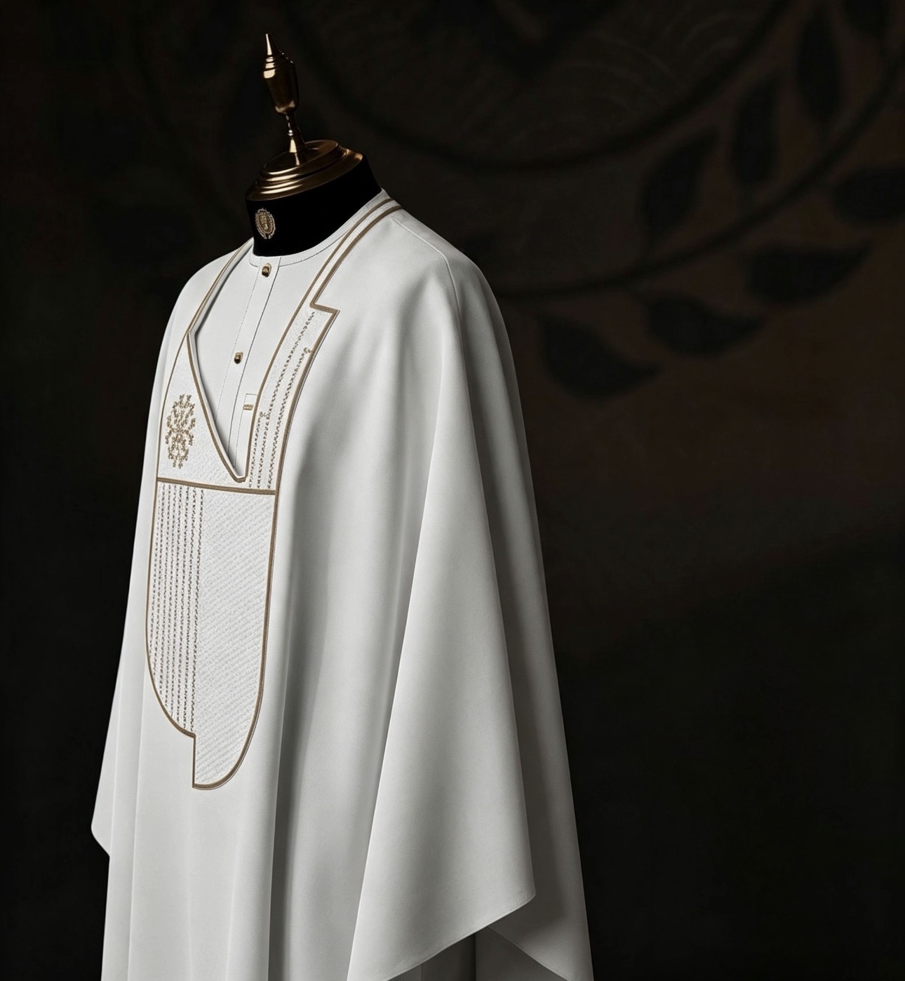 White & Gold Embroidered Men's Senator Wear — Modern Asymmetrical Design with Geometric Detailing - Image 3